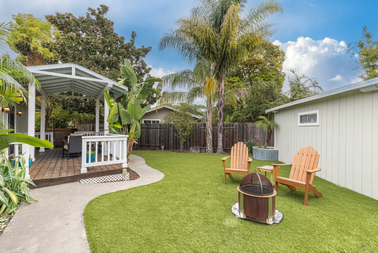 Backyard with gazebo, lawn, and fire pit