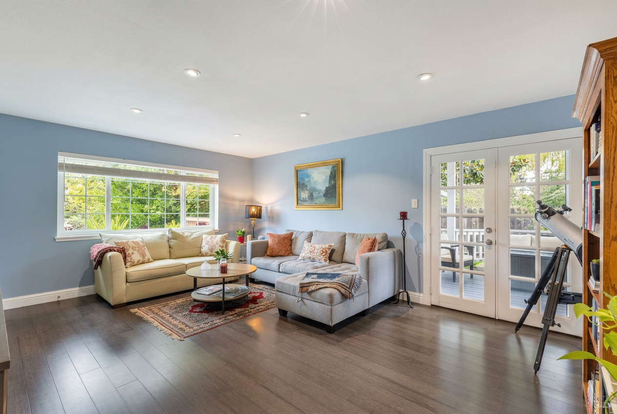 Bright living room with french doors